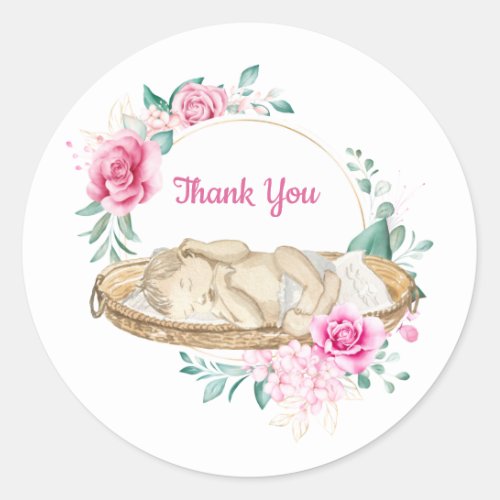 Baby sleeping wicker basket pink rose wreath classic round sticker