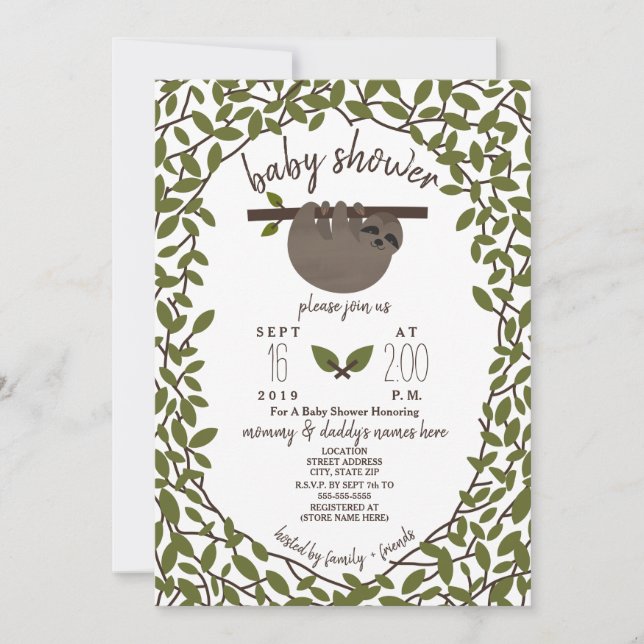 Baby Sloth Baby Shower Greenery Invitation (Front)