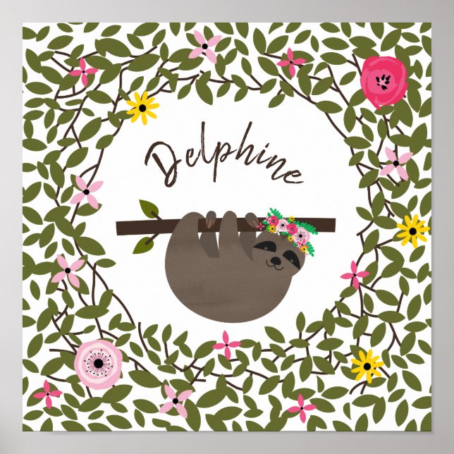 Baby Sloth  Floral Greenery Baby Nursery Poster (Front)