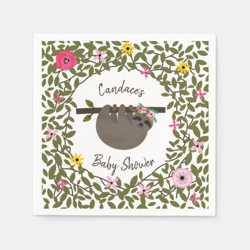 Baby Sloth Floral Greenery Baby Shower Paper Napkins