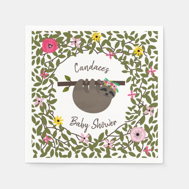 Baby Sloth Floral Greenery Baby Shower Paper Napkins (Front)