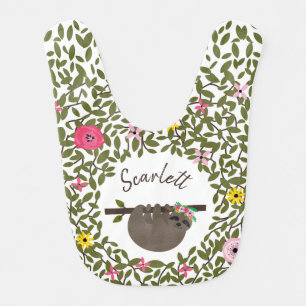 Baby Sloth Floral Greenery Personalized Baby Bib