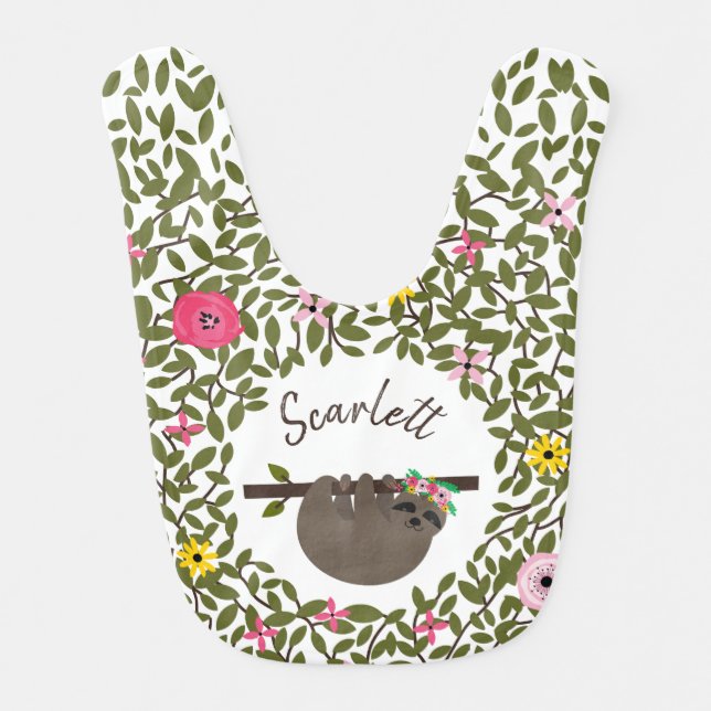 Baby Sloth Floral Greenery Personalized Baby Bib (Front)