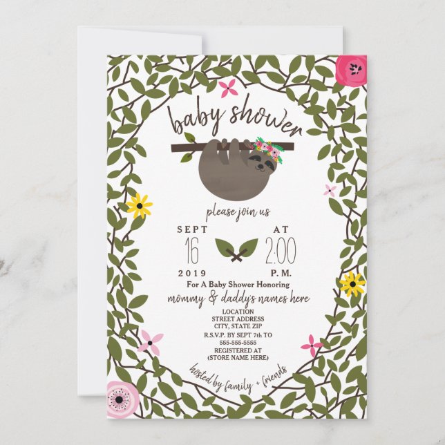 Baby Sloth Girl Baby Shower Greenery Invitation (Front)