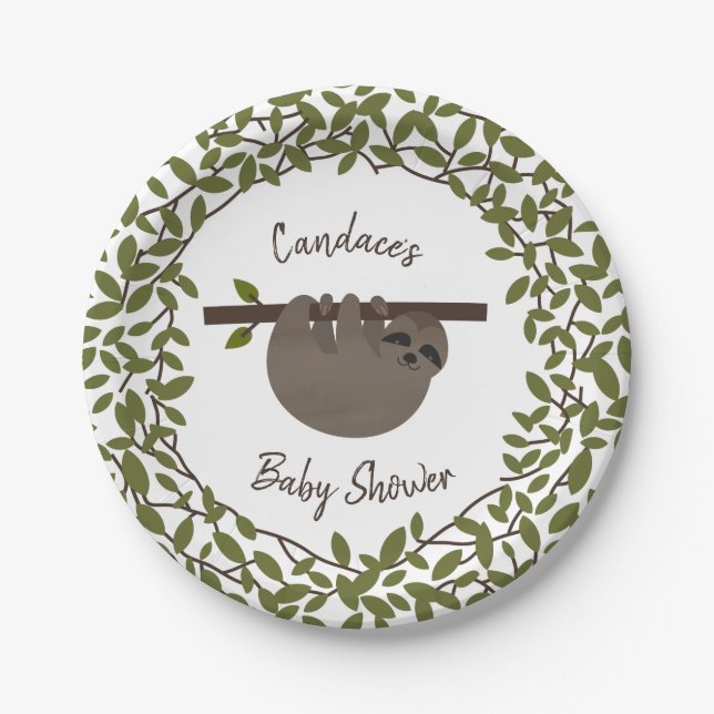 Baby Sloth Greenery Baby Shower Paper Plates (Front)