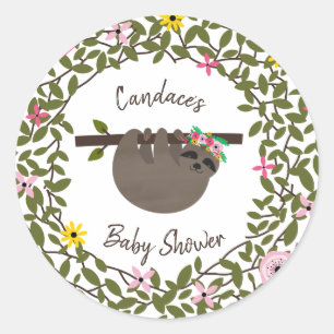 Baby Sloth Greenery Floral Baby Shower Classic Round Sticker