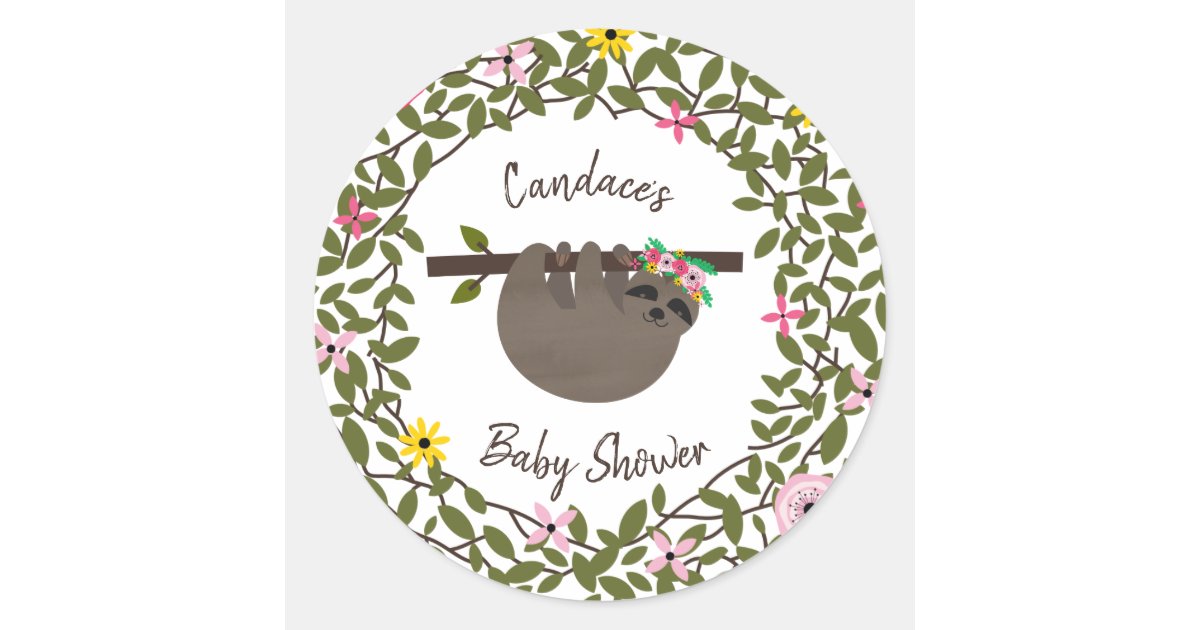 Baby Sloth Greenery Floral Baby Shower Classic Round Sticker | Zazzle
