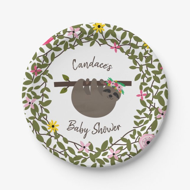 Baby Sloth Greenery Floral Baby Shower Paper Plates (Front)