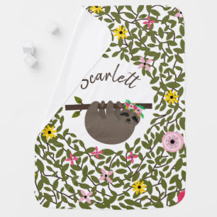 Baby Sloth Greenery Floral Personalized Blanket