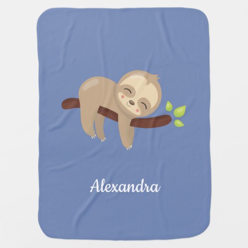 Baby Sloth Kawaii Illustration on Blue Baby Blanket