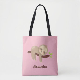 Baby Sloth on Branch Cute Animal Illustration Pink Tote Bag