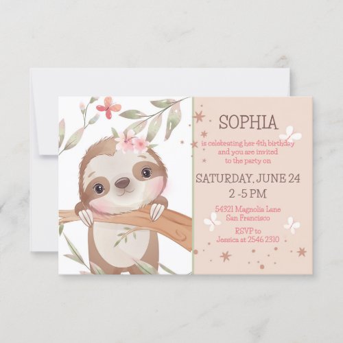 Baby Sloth on Tree Birthday Invitation