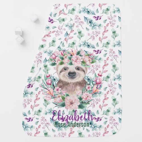Baby SLOTH Purple Mint Flowers Named Swaddle Baby Blanket