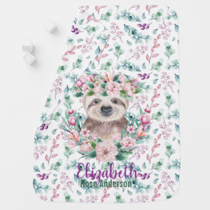 Baby SLOTH Purple Mint Flowers Named Swaddle Blanket