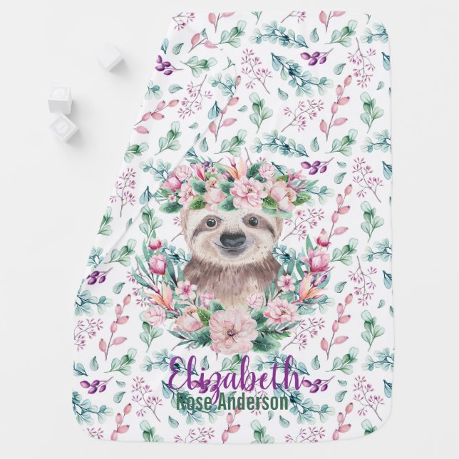 Baby SLOTH Purple Mint Flowers Named Swaddle Blanket (In Situ)