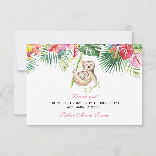 Baby Sloth Tropical Floral Baby Shower Thank You (Front)