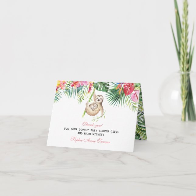 Baby Sloth Tropical Floral Baby Shower Thank You Card (Front)