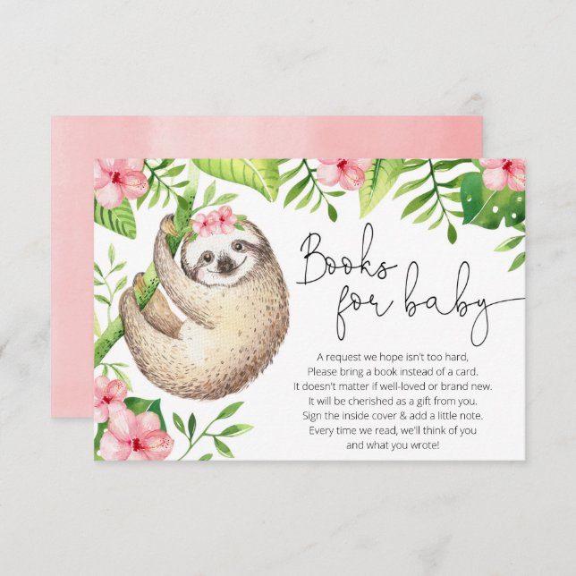 Baby sloth tropical pink greenery books for baby enclosure card (Front/Back)