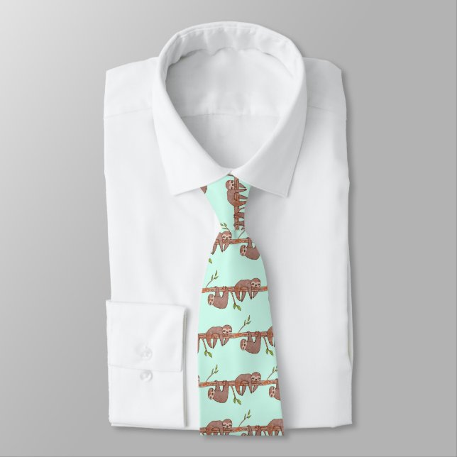 Baby Sloths hanging on Tree Pattern Neck Tie (Tied)
