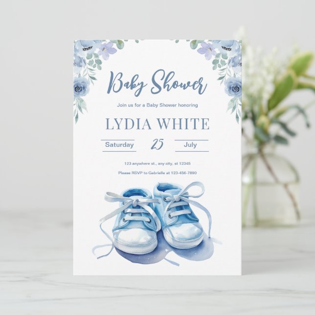 Baby Sneakers Baby Shower Invitation, Baby Boy Invitation (Standing Front)