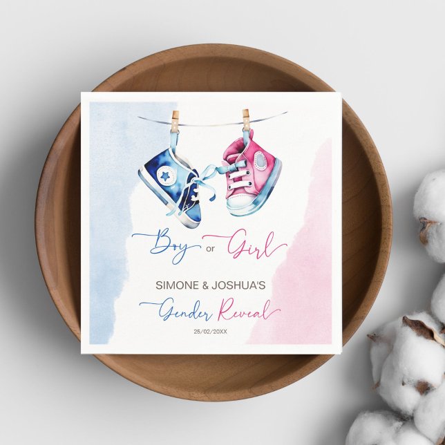 Baby sneakers boy or girl pink blue gender reveal  napkins (Baby sneakers boy or girl pink blue gender reveal party tableware personalized template napkins)