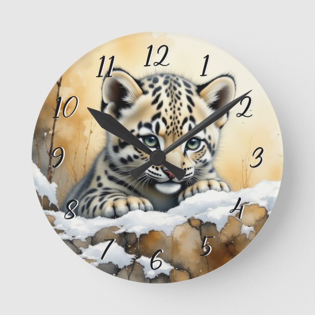Baby Snow Leopard Round Clock (Front)