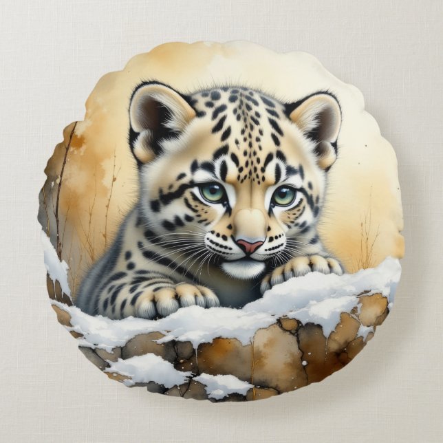 Baby Snow Leopard Round Pillow (Front)