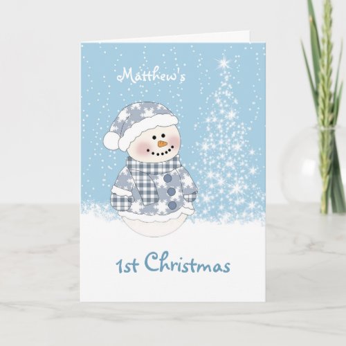 Baby snowman tree with snow 1st Christmas Holiday Card