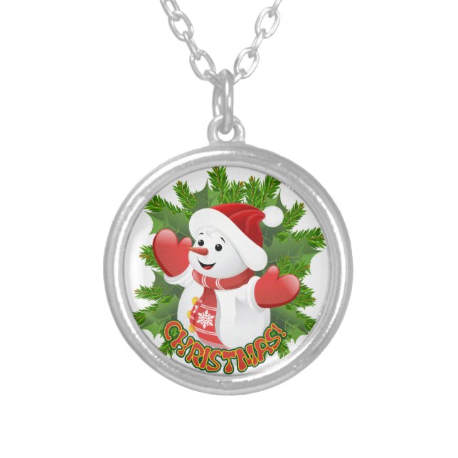 Baby Snowman with Crystal Snowflakes Ornament Silver Plated Necklace (Front)