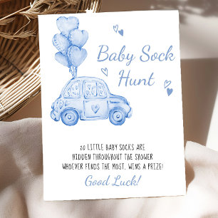 Baby Sock Hunt Blue Car Balloons Baby Shower Game Poster