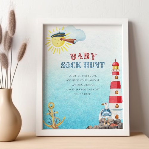 Baby Sock Hunt Cute Nautical Baby Shower Game Poster