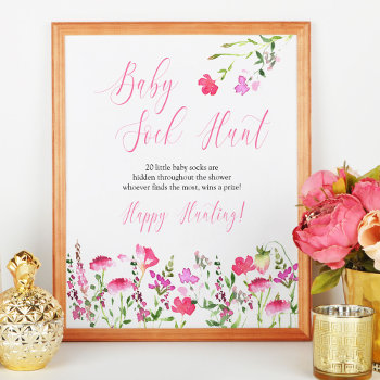 Baby Sock Hunt Pink Wildflower Baby Shower Game Poster by darlingandmay at Zazzle