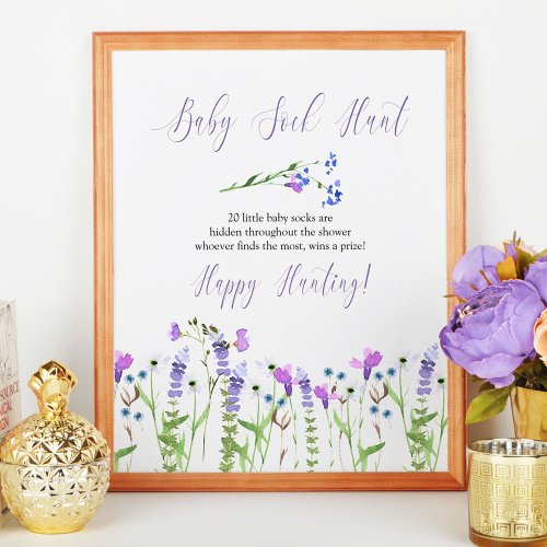 Baby Sock Hunt Purple Wildflower Baby Shower Game Poster