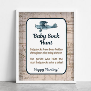 Baby Sock Hunt Shower Game Vintage Airplane Travel Poster