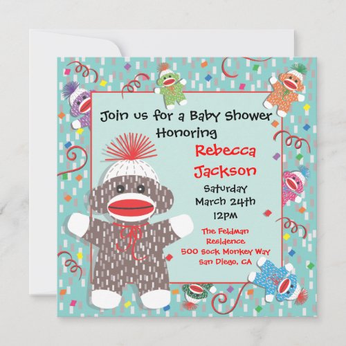 Baby Sock Monkey Baby Shower Invitation