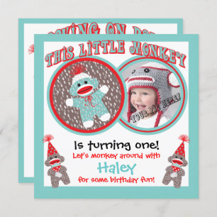 Baby Sock Monkey Birthday Party Invitations