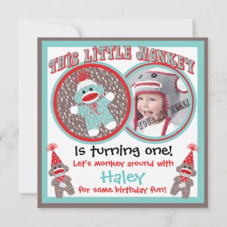 Baby Sock Monkey Birthday Party Invitations