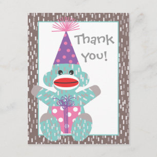 Baby Sock Monkey Birthday Thank you note card