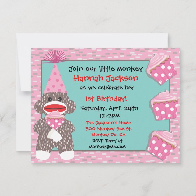 Baby Sock monkey cupcake Birthday Party Invitation (Front)