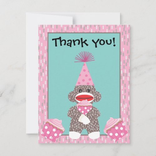 Baby Sock Monkey Cupcake Thank You Note Invitation