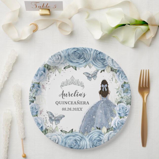 Baby Soft Blue Floral Butterflies Silver Princess Paper Plates (Wedding)