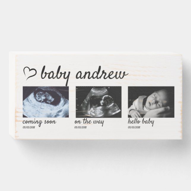 Baby Sonogram 3 Photo Grid Ultrasound Keepsake  Wooden Box Sign (Front Horizontal)