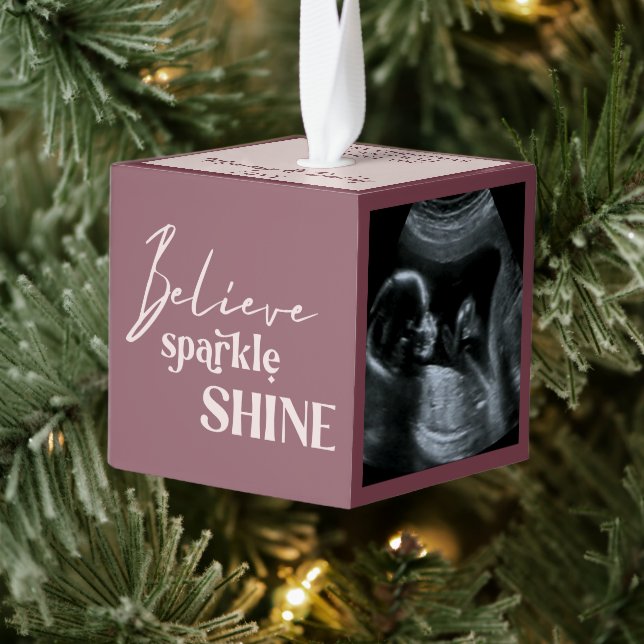Baby Sonogram Believe Sparkle Shine 3 Photo Cube Ornament (Tree)