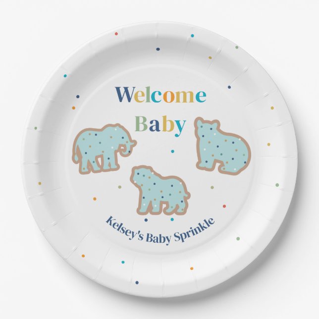 Baby Sprinkle Animal Cookies Boy Baby Shower Paper Plates (Front)