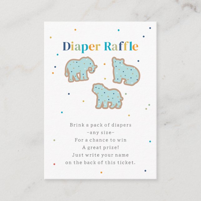 Baby Sprinkle Animal Cookies Diaper Raffle Blue Enclosure Card (Front)