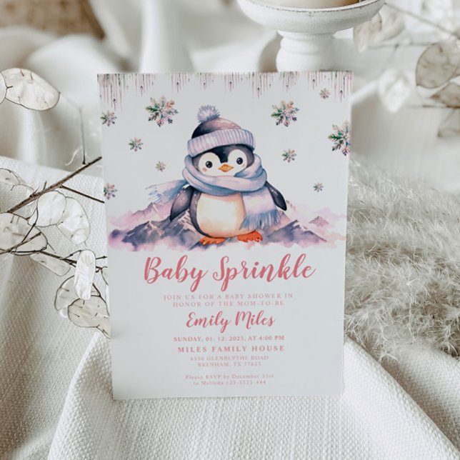 Baby Sprinkle, Baby Shower Pink Penguin Invitation (Creator Uploaded)