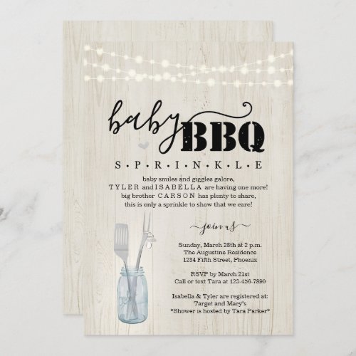 Baby Sprinkle BBQ - Couple's Baby Q Barbeque Invit Invitation - A cute pacifier hanging from BBQ utensils in a mason jar depicting your wonderfully rustic Baby Sprinkle BBQ.