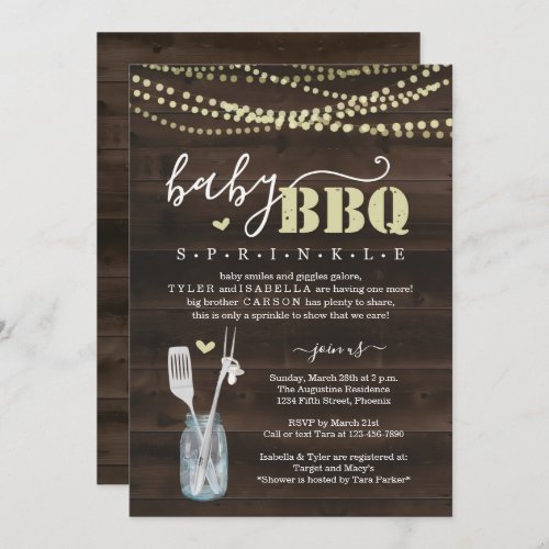 Baby Sprinkle BBQ - Couple's Baby Q Barbeque Invitation - A cute pacifier hanging from BBQ utensils in a mason jar depicting your wonderfully rustic Baby Sprinkle BBQ.