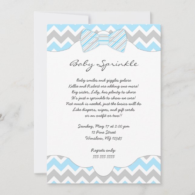 Baby Sprinkle Blue Bow tie baby shower invites (Front)
