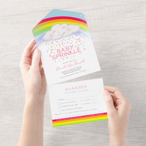 Baby sprinkle cute cloud watercolor and rainbow all in one invitation